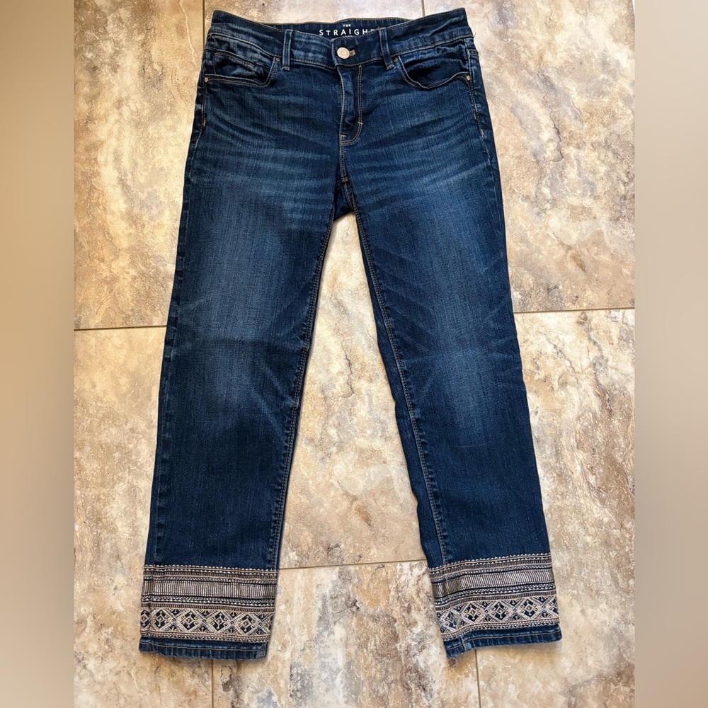 White House Black Market The Straight Crop Embroidered Dark Blue Jeans Womens 4P